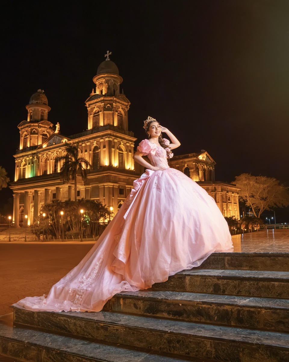 Quinceañera con vestido rosado en las gradas de la Catedral Vieja